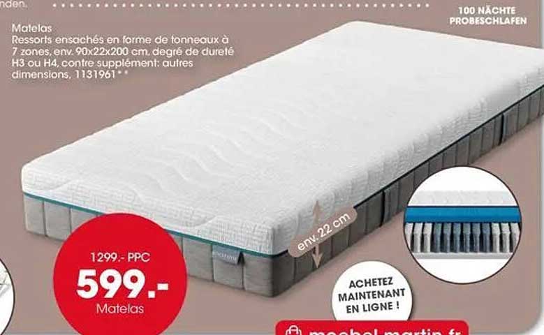 Matelas ressorts ensachés en forme de tonneaux à 7 zones, env. 90x22x200 cm, degré de dureté H3 ou H4, contre supplément, autres dimensions, 1131961