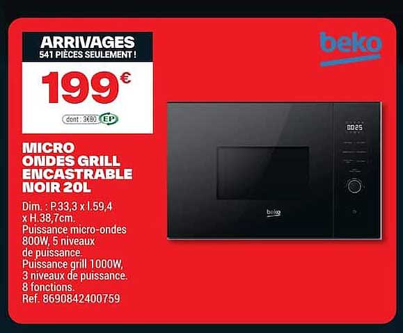 MICRO ONDES GRILL ENCASTRABLE NOIR 20L