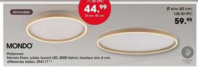 MONDO Plafonnier Mondo Elaro, sable, board LED, 3000 Kelvin, hauteur env. 6 cm, différentes tailles, 294117**