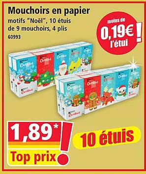 Mouchoirs en papier motifs "Noël", 10 étuis de 9 mouchoirs, 4 plis