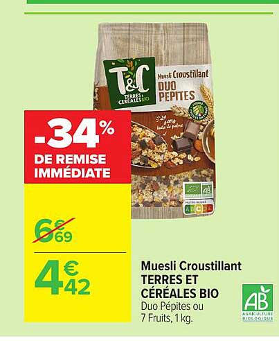 Muesli Croustillant TERRES ET CÉRÉALES BIO Duo Pépites ou 7 Fruits, 1 kg.