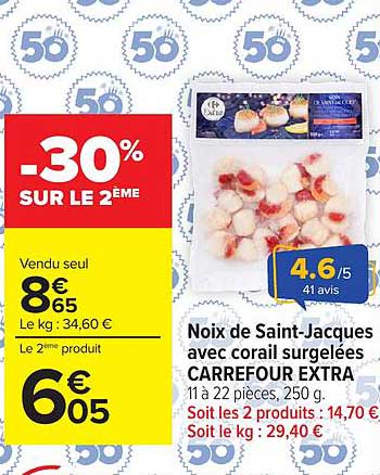 Noix de Saint-Jacques avec corail surgelées CARREFOUR EXTRA