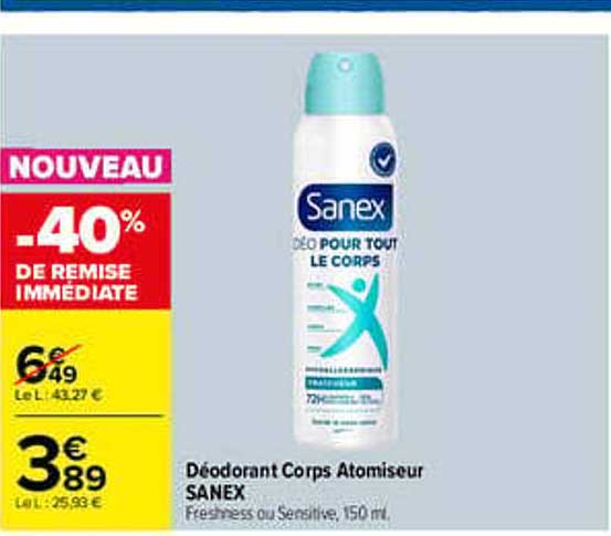 NOUVEAU -40% DE REMISE IMMÉDIATE Déodorant Corps Atomiseur SANEX Freshness ou Sensitive, 150 ml