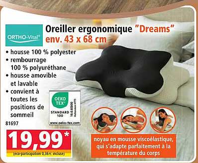 Oreiller ergonomique “Dreams” env. 43 x 68 cm
