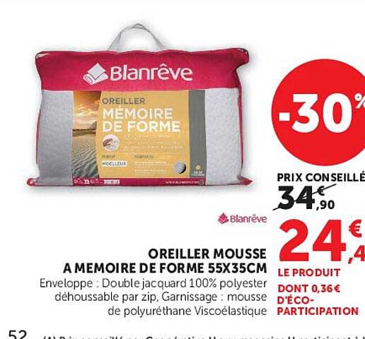OREILLER MOUSSE A MEMOIRE DE FORME 55X35CM