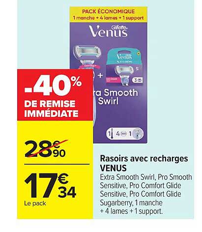 PACK ÉCONOMIQUE 1 manche + 4 lames + 1 support -40% DE REMISE IMMÉDIATE RASOIRS AVEC RECHARGES VENUS Extra Smooth Swirl, Pro Smooth Sensitive, Pro Comfort Glide Sensitive, Pro Comfort Glide Sugarberry, 1 manche + 4 lames + 1 support.