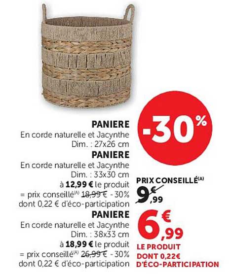 PANIERE En corde naturelle et Jacynthe Dim. : 27x26 cm
