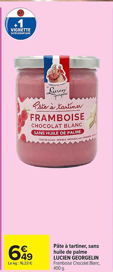 Pâte à tartiner, sans huile de palme LUCIEN GEORGELIN Framboise Chocolat Blanc, 400 g