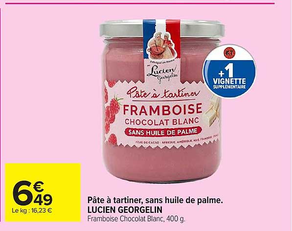 Pâte à tartiner, sans huile de palme. LUCIEN GEORGELIN Framboise Chocolat Blanc, 400 g.