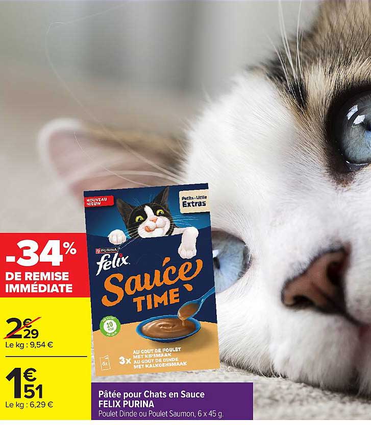 Pâtée pour Chats en Sauce FELIX PURINA Poulet Dinde ou Poulet Saumon, 6 x 45 g.