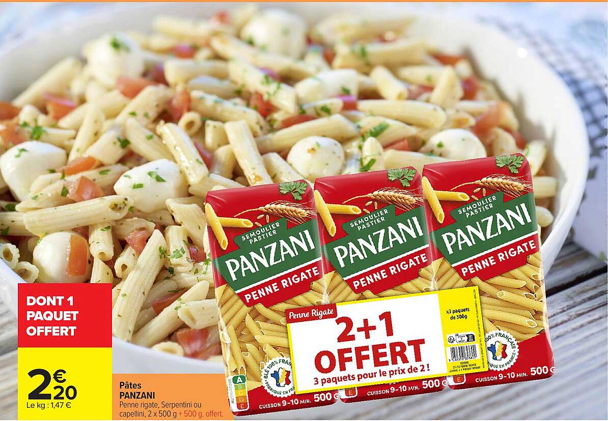 Pâtes PANZANI Penne rigate, Serpentini ou capellini, 2 x 500 g + 500 g offert