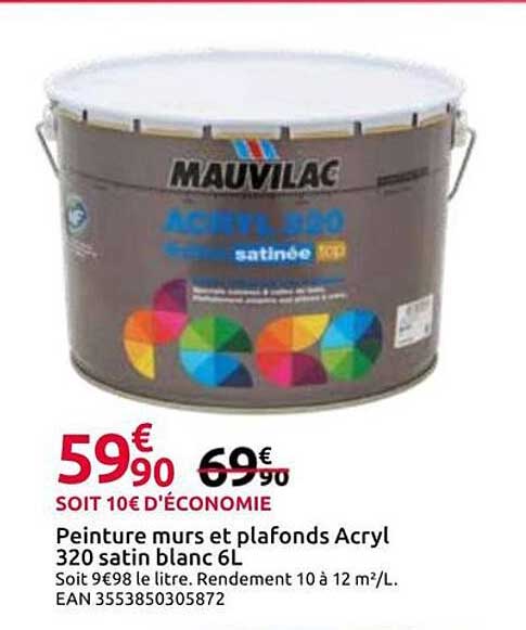 Peinture murs et plafonds Acryl 320 satin blanc 6L