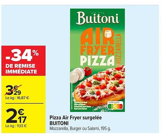 Pizza Air Fryer surgelée BUITONI Mozzarella, Burger ou Salami, 195 g.