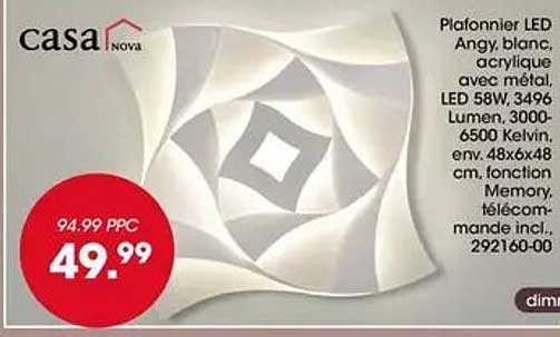 Plafonnier LED Angy, blanc, acrylique avec métal, LED 58W, 3496 Lumen, 3000-6500 Kelvin, env. 48x6x48 cm, fonction Memory, télécommande incl., 292160-00
