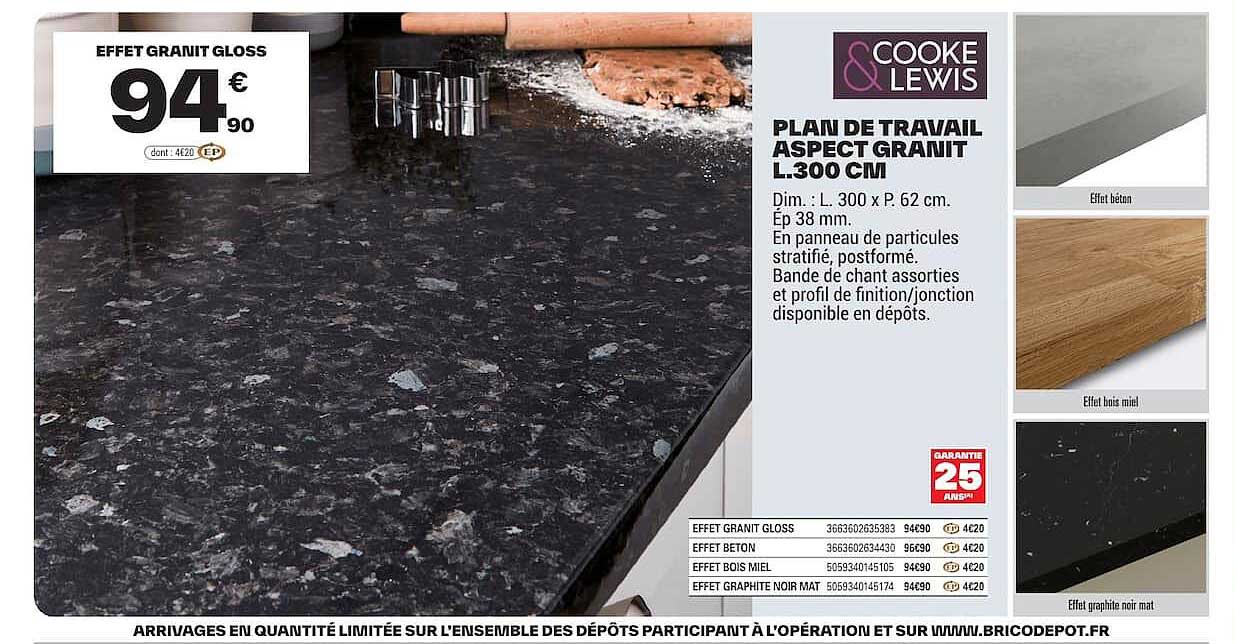 PLAN DE TRAVAIL ASPECT GRANIT L.300 CM