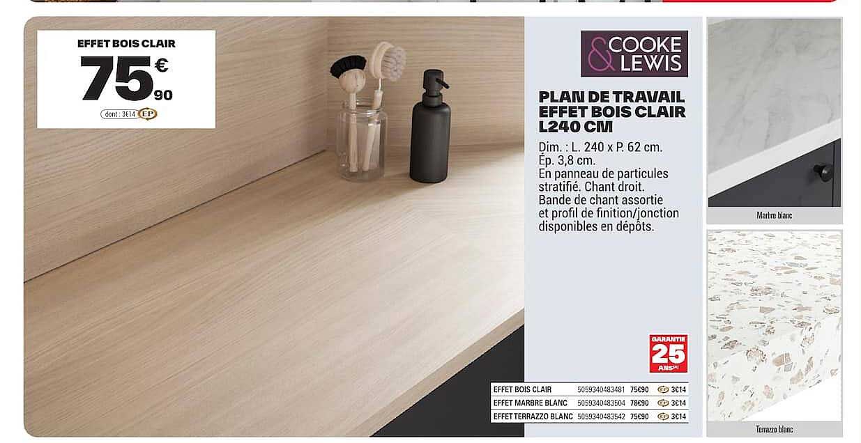 PLAN DE TRAVAIL EFFET BOIS CLAIR L240 CM