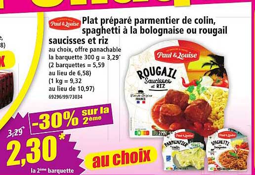 Plat préparé parmentier de colin, spaghetti à la bolognaise ou rougail saucisses et riz