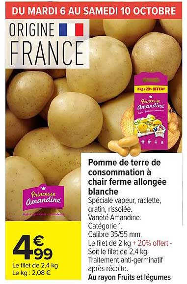 Pomme de terre de consommation à chair ferme allongée blanche