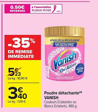 Poudre détachante VANISH Couleurs Eclatantes ou Blancs Eclatants, 480 g.