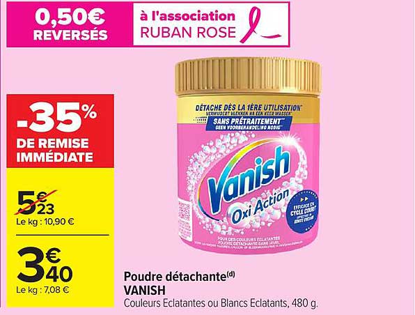 Poudre détachante VANISH Couleurs Éclatantes ou Blancs Éclatants, 480 g.
