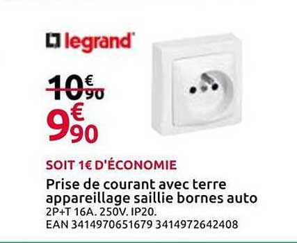 Prise de courant avec terre appareillage saillie bornes auto 2P+T 16A. 250V. IP20.
