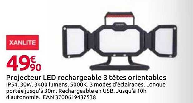 Projecteur LED rechargeable 3 têtes orientables