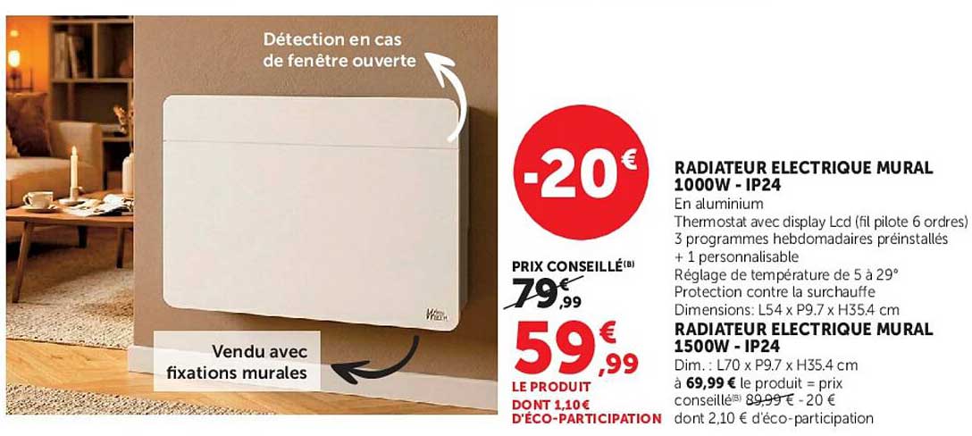 RADIATEUR ELECTRIQUE MURAL 1000W - IP24