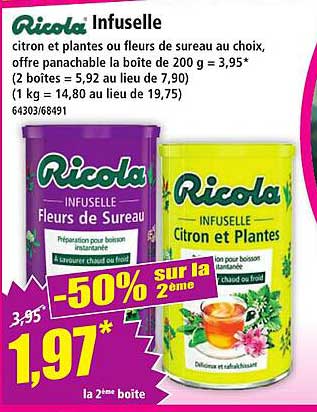 Ricola Infuselle citron et plantes ou fleurs de sureau au choix, offre panachable la boîte de 200 g