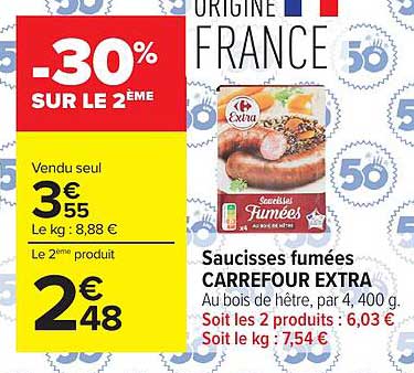 Saucisses fumées CARREFOUR EXTRA