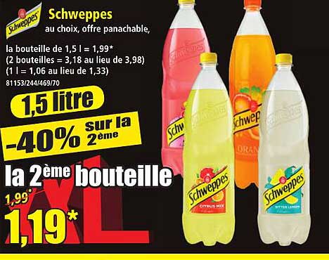 Schweppes au choix, offre panachable, la bouteille de 1,5 l = 1,99* (2 bouteilles = 3,18 au lieu de 3,98) (1 l = 1,06 au lieu de 1,33) 81153/244/469/70