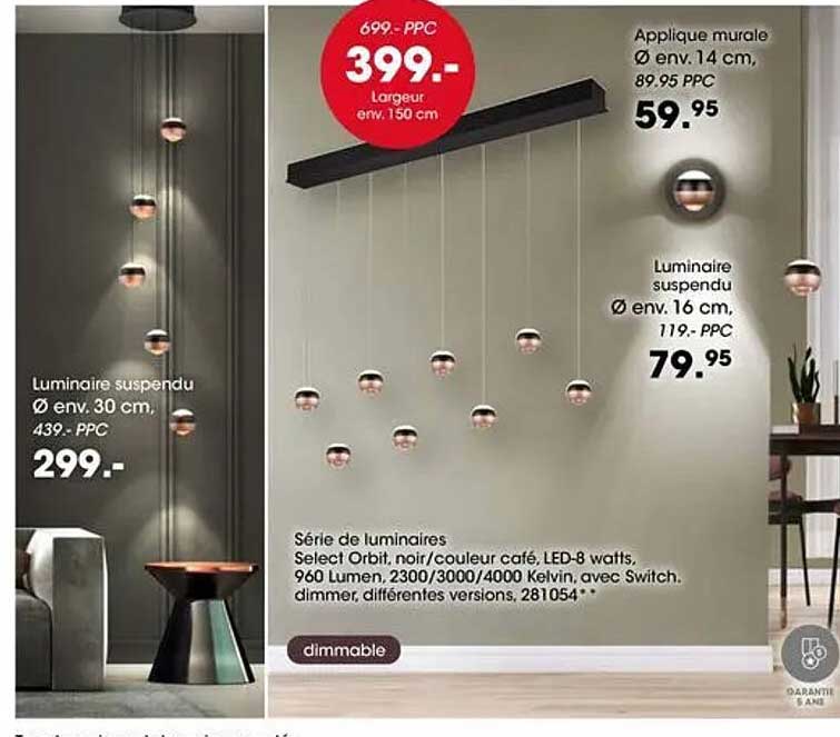 Série de luminaires Select Orbit, noir/couleur café, LED-8 watts, 960 Lumen, 2300/3000/4000 Kelvin, avec Switch-dimmer, différentes versions, 281054**