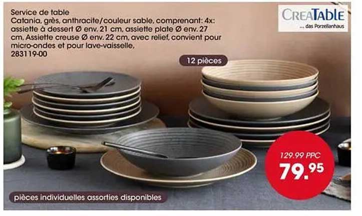 Service de table Catania, grès, anthracite/couleur sable, comprenant: 4x: assiette à dessert Ø env. 21 cm, assiette plate Ø env. 27 cm, assiette creuse Ø env. 22 cm avec relief, convient pour micro-ondes et pour lave-vaisselle. 283119-00