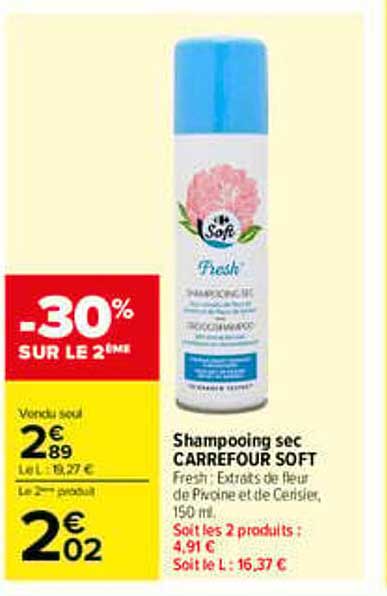 Shampooing sec CARREFOUR SOFT Fresh, Extraits de fleur de Nénuphar et de Cerisier, 150 ml