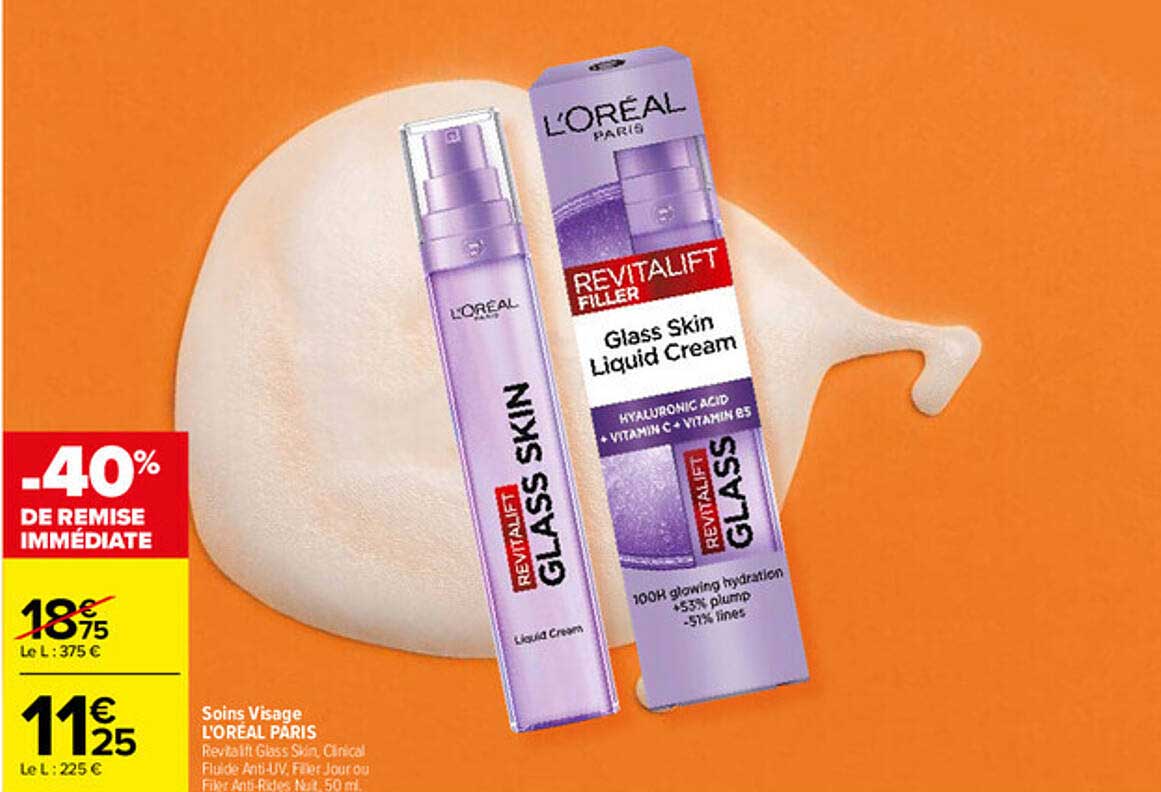 Soins Visage L'OREAL PARIS Revitalift Glass Skin Clinical Fluide Anti-UV Fltr Jour ou Nuit Anti-Rides Nuit 50 ml