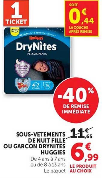 SOUS-VETEMENTS DE NUIT FILLE OU GARCON DRYNITES HUGGIES