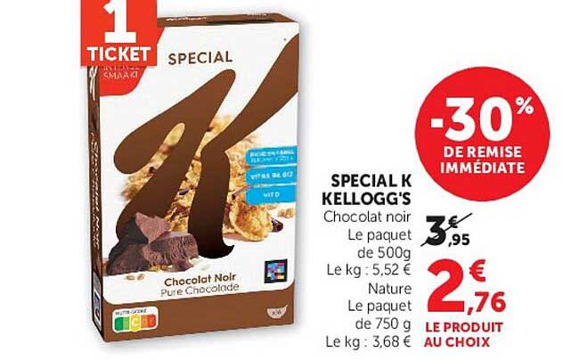 SPECIAL K KELLOGG'S Chocolat noir Le paquet de 500g Nature Le paquet de 750 g Le kg : 3,68 €