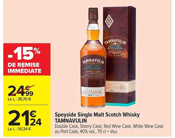 Speyside Single Malt Scotch Whisky TAMNAVULIN Double Cask, Sherry Cask, Red Wine Cask, White Wine Cask ou Port Cask, 40% vol., 70 cl + étui