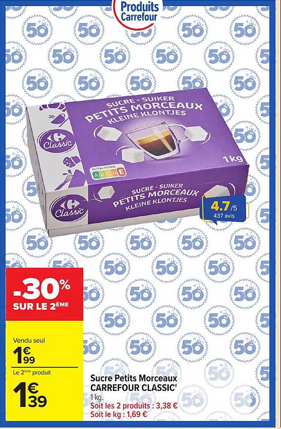 Sucre Petits Morceaux CARREFOUR CLASSIC' 1 kg.