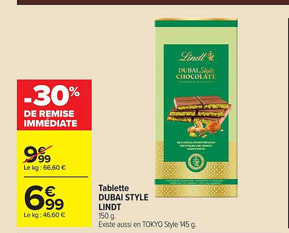 Tablette DUBAI STYLE LINDT 150 g. Existe aussi en TOKYO Style 145 g.
