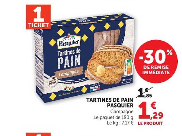 TARTINES DE PAIN PASQUIER Campagne Le paquet de 180 g Le kg : 7,17 €