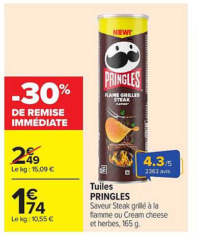 Tuiles PRINGLES Saveur Steak grillé à la flamme ou Cream cheese et herbes, 165 g.