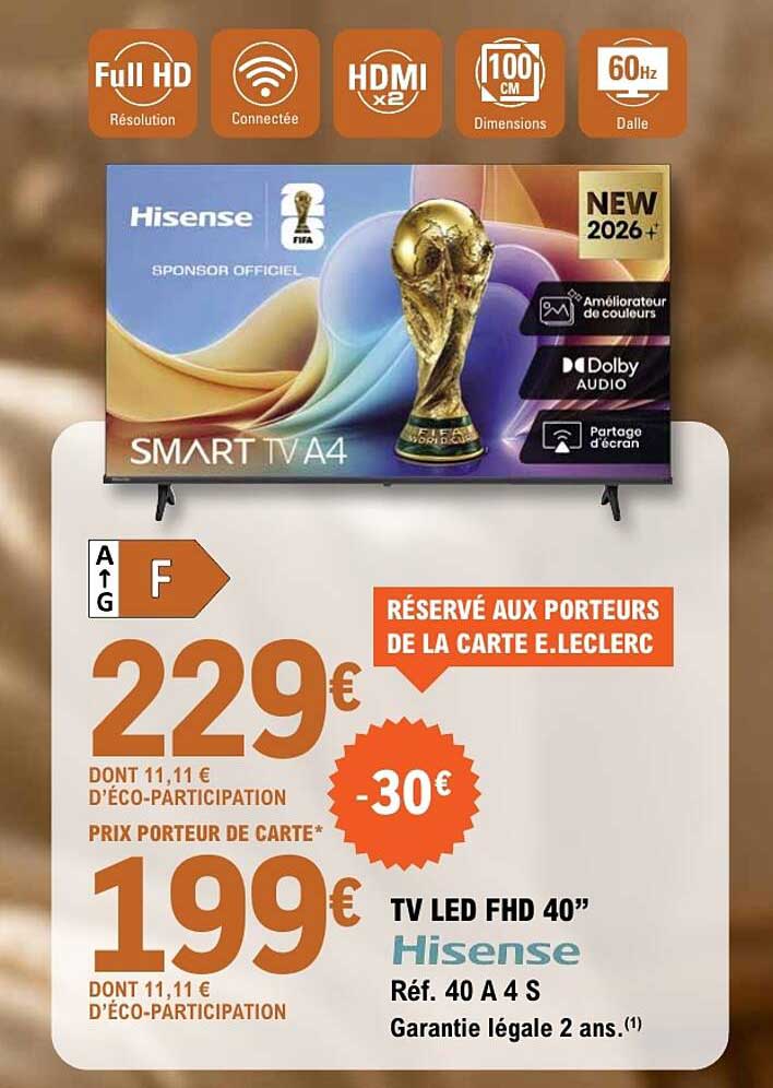 TV LED FHD 40” Hisense Réf. 40 A 4 S