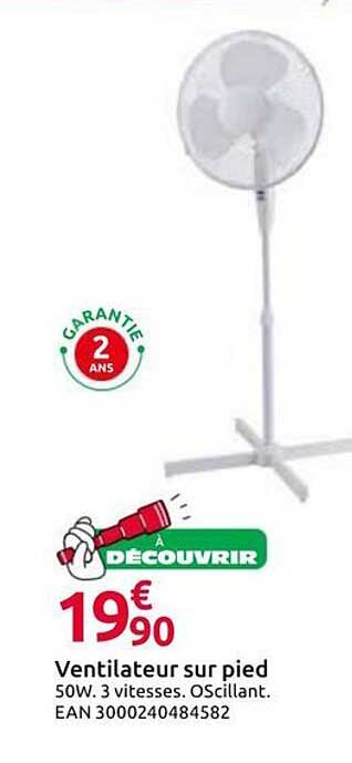 Ventilateur sur pied 50W. 3 vitesses. Oscillant. EAN 3000240484582