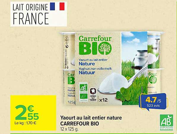 Yaourt au lait entier nature CARREFOUR BIO