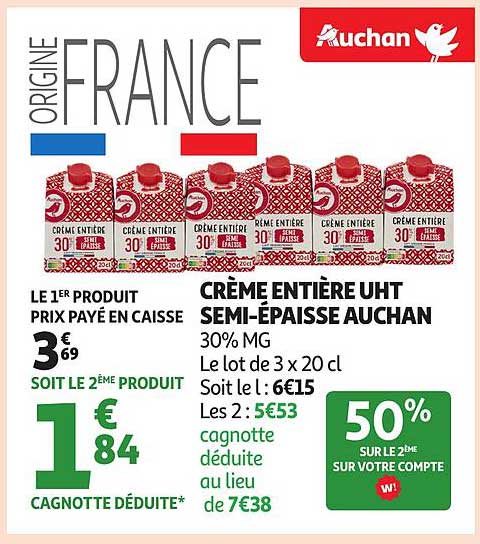 CRÈME ENTIÈRE UHT SEMI-ÉPAISSE AUCHAN