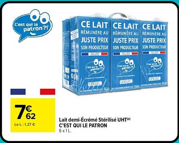 Lait demi-Écrémé Stérilisé UHT C’EST QUI LE PATRON 6 x 1L