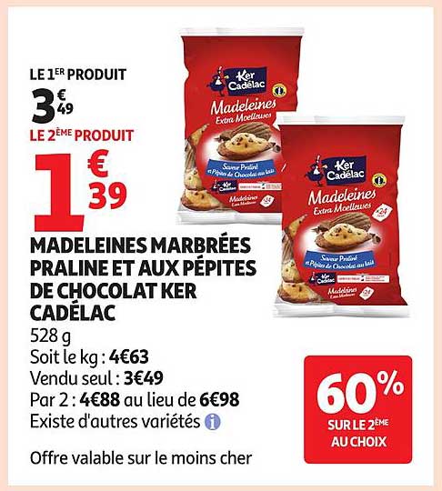 MADELEINES MARBRÉES PRALINE ET AUX PÉPITES DE CHOCOLAT KER CADÉLAC