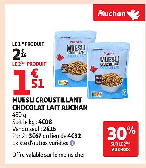 MUESLI CROUSTILLANT CHOCOLAT LAIT AUCHAN