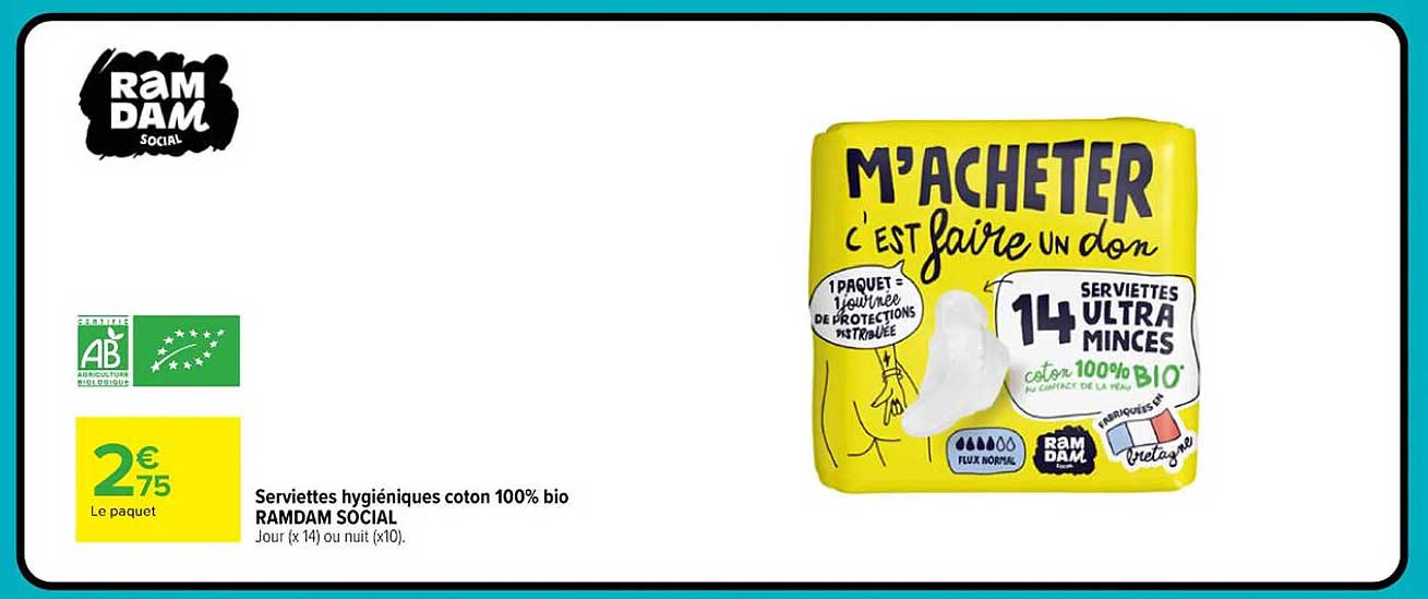 Serviettes hygiéniques coton 100% bio RAMDAM SOCIAL