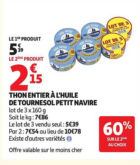 THON ENTIER À L'HUILE DE TOURNESOL PETIT NAVIRE